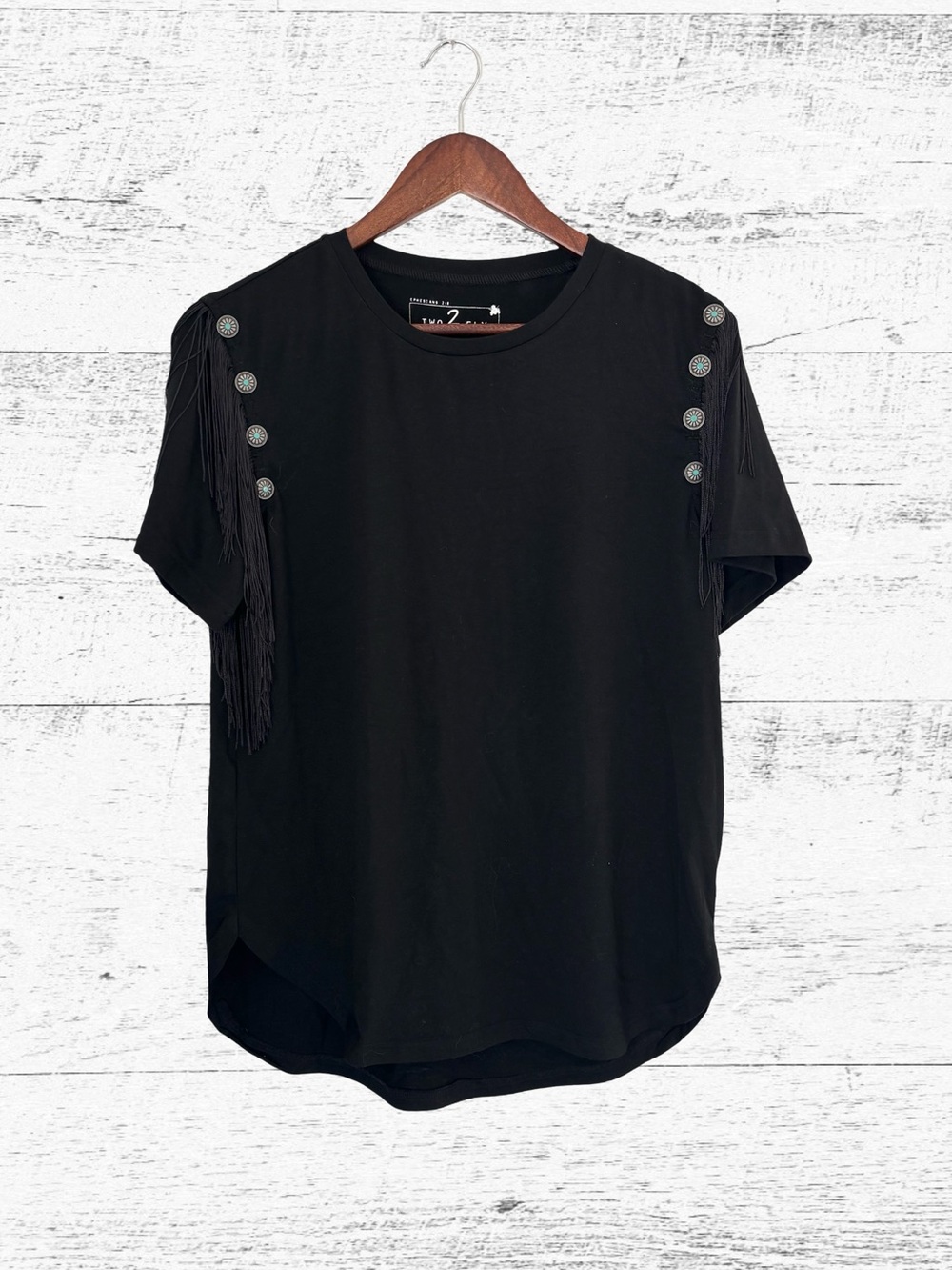 Black Short-Sleeve Fringe Tee with Concho Accents